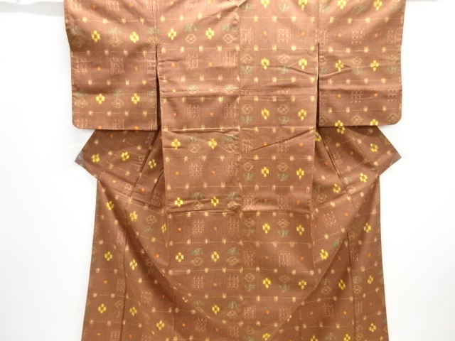 JAPANESE KIMONO / ANTIQUE KIMONO / SILK / TSUMUGI / WOVEN ABSTRACT FLOWER